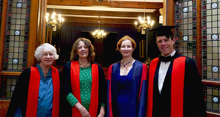 Group picture of Senior College Fellows: Life Fellow, Dr Dorothy Thompson; Vice-Mistress Dr Hilary Marlow; The Mistress, Dr Elisabeth Kendall; Praelector and Fellow, Dr Seb Falk.