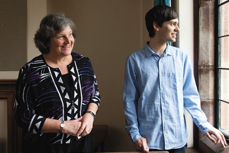 Ann Dowling (1970, Mathematics) in her former undergraduate room (F35) with the current undergraduate occupant. Photograph credit: Alastair Levy (2018)