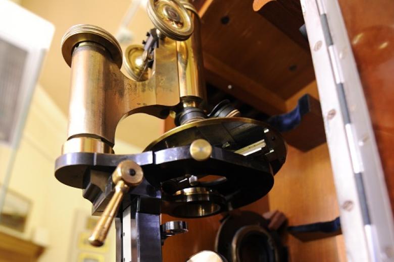 Ethel Sargant’s microscope now located in the Lawrence Room, the College museum.