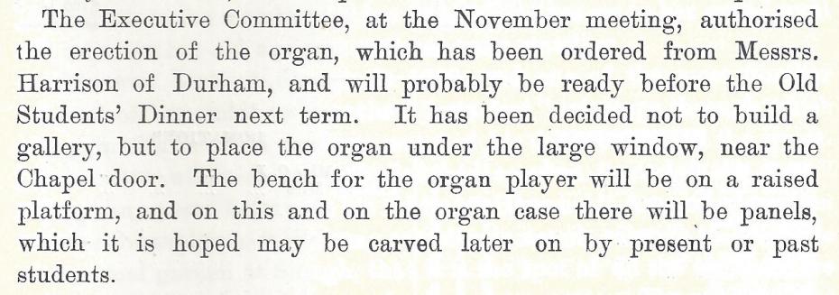 Report on the new organ, from the Girton Review, Michaelmas Term 1909 (archive reference: GCCP 2/1/1).