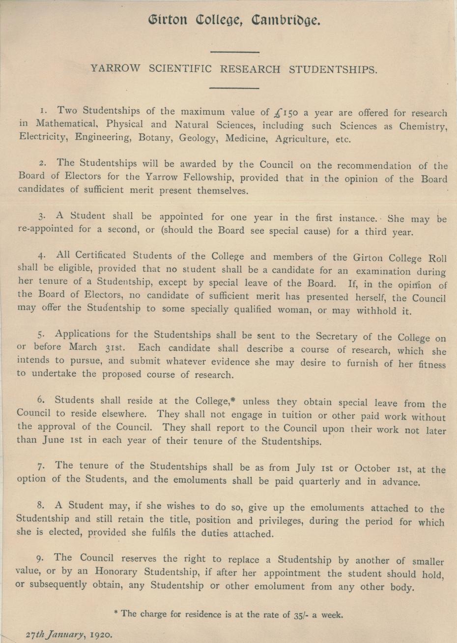 Yarrow Scientific Research Studentship, insert from the College Council minutes, 27 Jan 1920 (archive reference: GCGB 2/1/22pt)