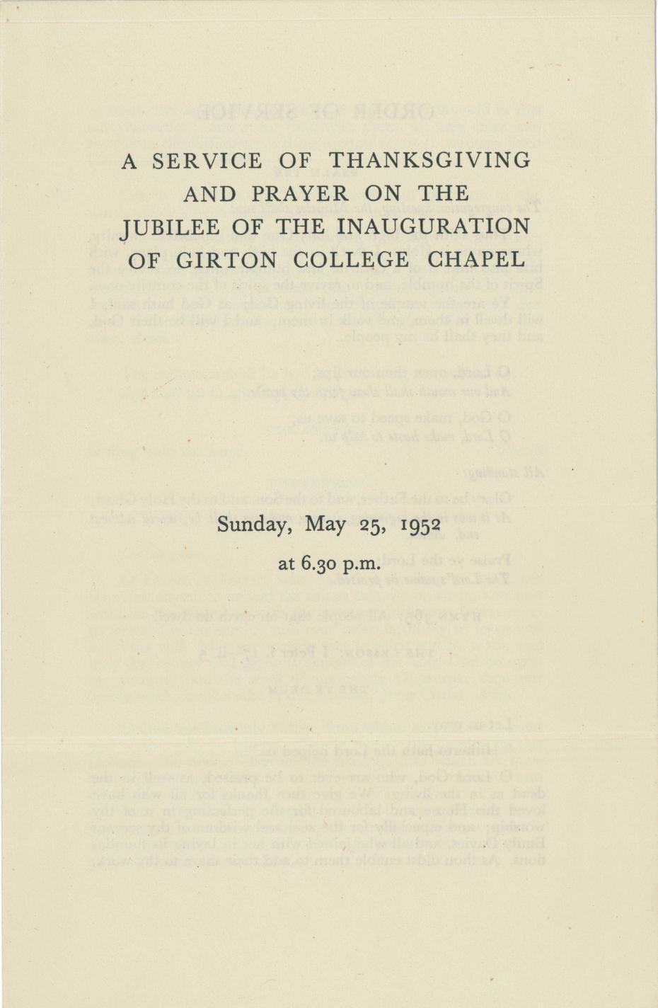 Order of service for the jubilee of the inauguration of the College Chapel, 25 May 1952 (archive reference: GCAR 6/4/3).