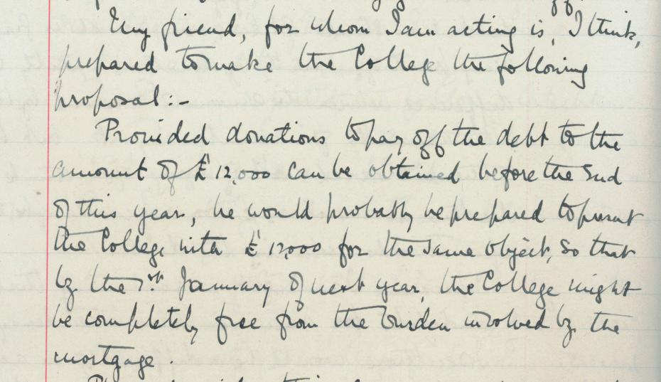 The anonymous offer, from the College Council minutes, 20 May 1913 (archive reference: GCGB 2/1/20pt).