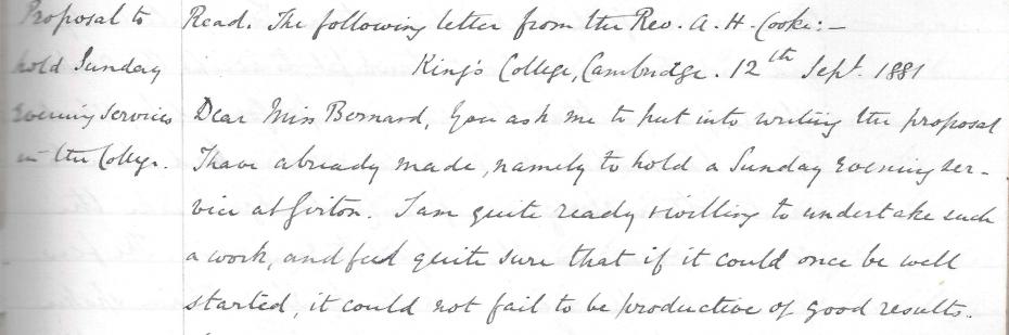 Rev Alfred Cooke’s suggestion for Sunday evening services to be held at Girton, from the Executive Committee minutes, 7 October 1881 (archive reference: GCGB 2/1/7). 