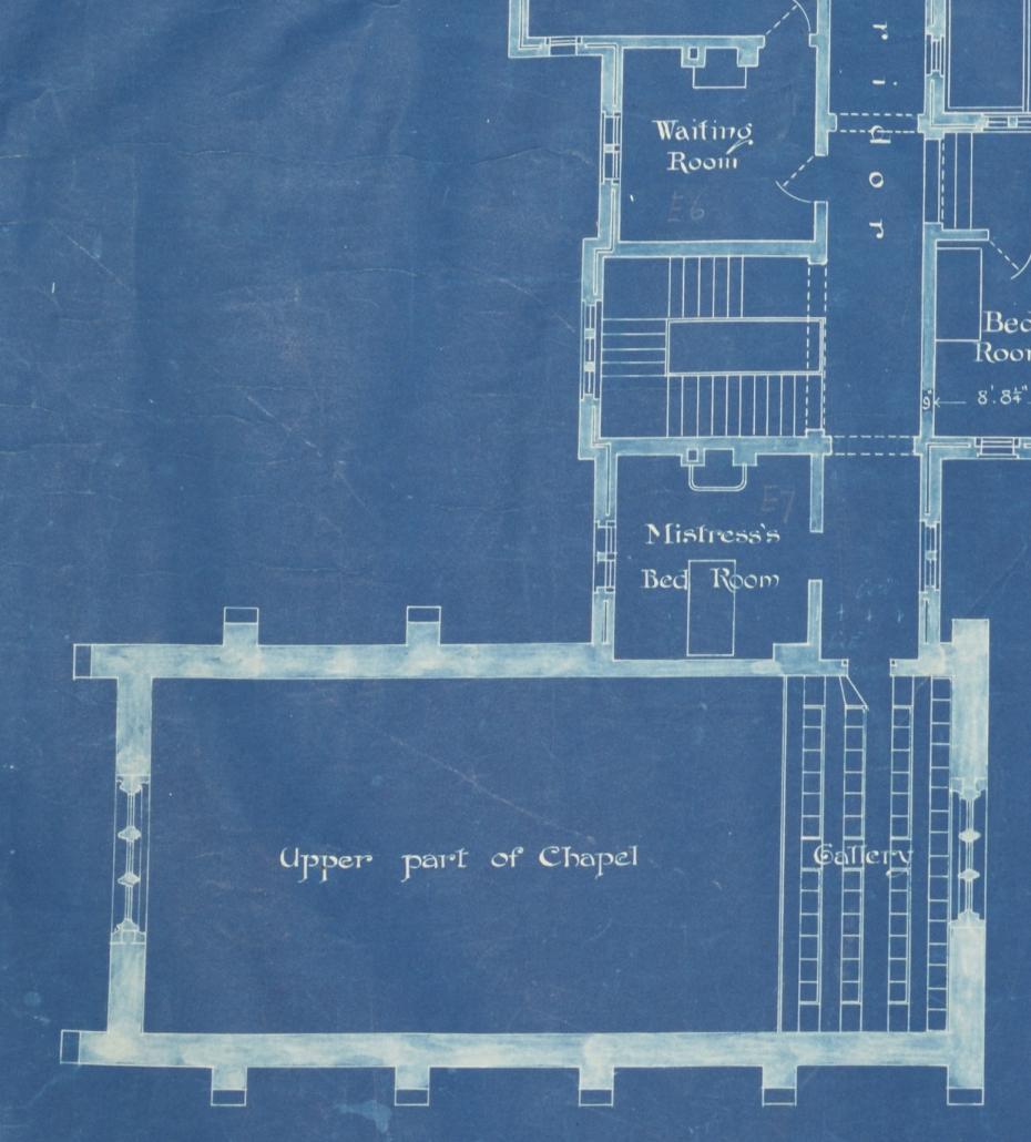 Blue print plan for the Chapel, showing the proposed first floor gallery and its entrance, by Alfred Waterhouse & Son, 1900 (archive reference: GCAR 2/3a/2/5/2/1). 