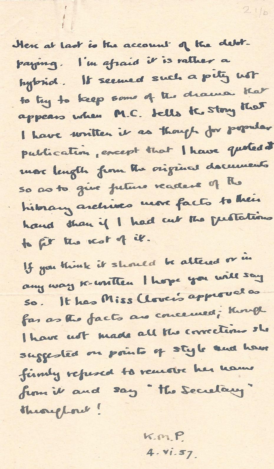 A note written by Kathleen Peace explaining how she wanted to ‘keep some of the drama’, 1957 (archive reference: GCAR 2/6/12pt). 