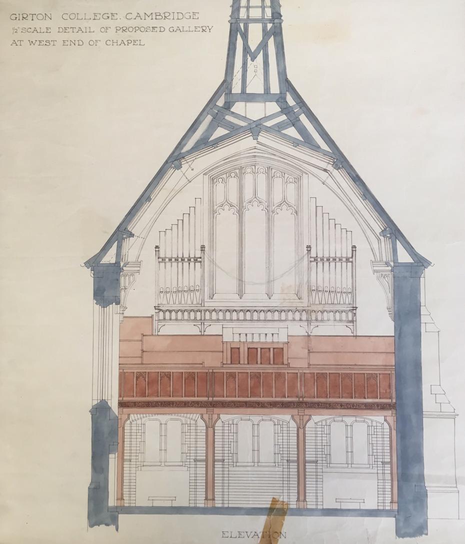 Drawing of a proposed gallery to house a new organ, which was to have a staircase connecting it to the north-east corner of the Chapel, by Paul Waterhouse, 1909 (archive reference: GCAR 2/3a/2/5/2/2). 