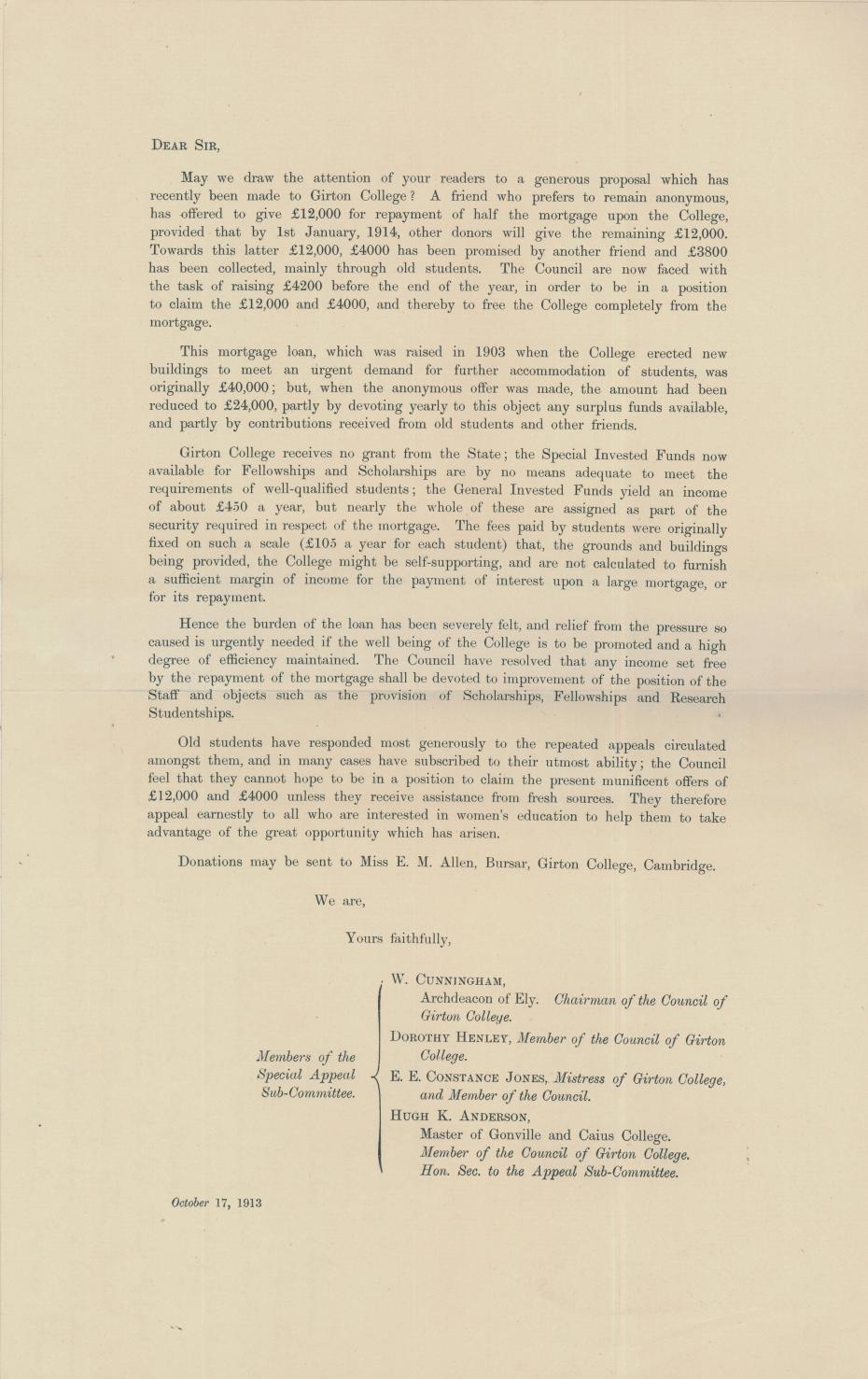 Appeal letter to the national newspapers, from the College Council minutes 14 October 1913 (archive reference: GCGB 2/1/20pt)