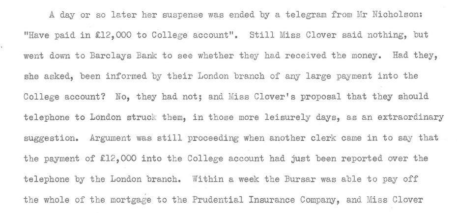 Mary Clover’s account of obtaining the money, recorded by Kathleen Peace, 1957 (archive reference: GCAR 2/6/12pt).