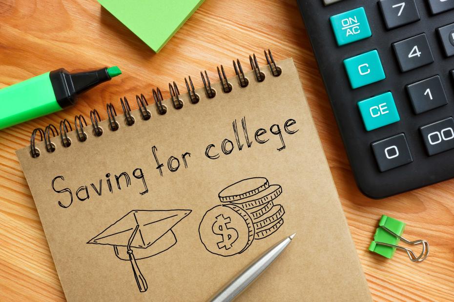 notepage with the words saving for college with a hand drawn image of a graduation hat and coins
