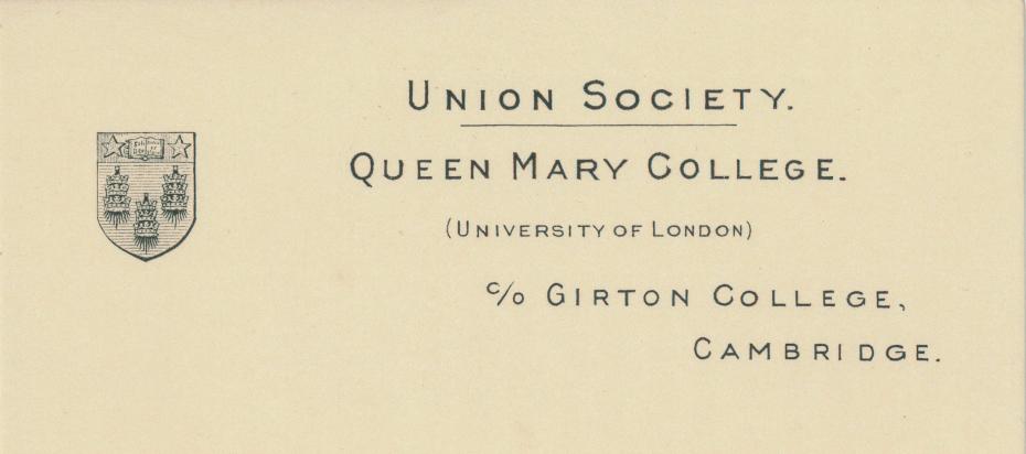 Queen Mary College, Union Society headed note paper, 1939–1940 (archive reference: GCPP Blacklocks 2)
