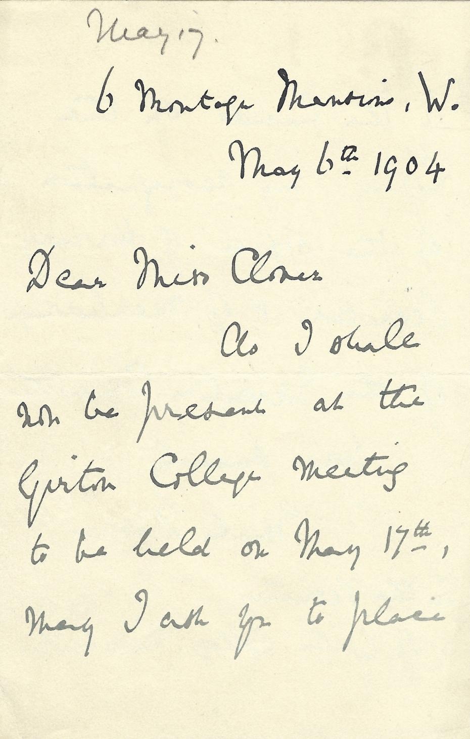 Emily’s letter of resignation addressed to Mary Clover, the Secretary of the College, 6 May 1904 (archive reference: GCAR 2/5/6/1/1pt).