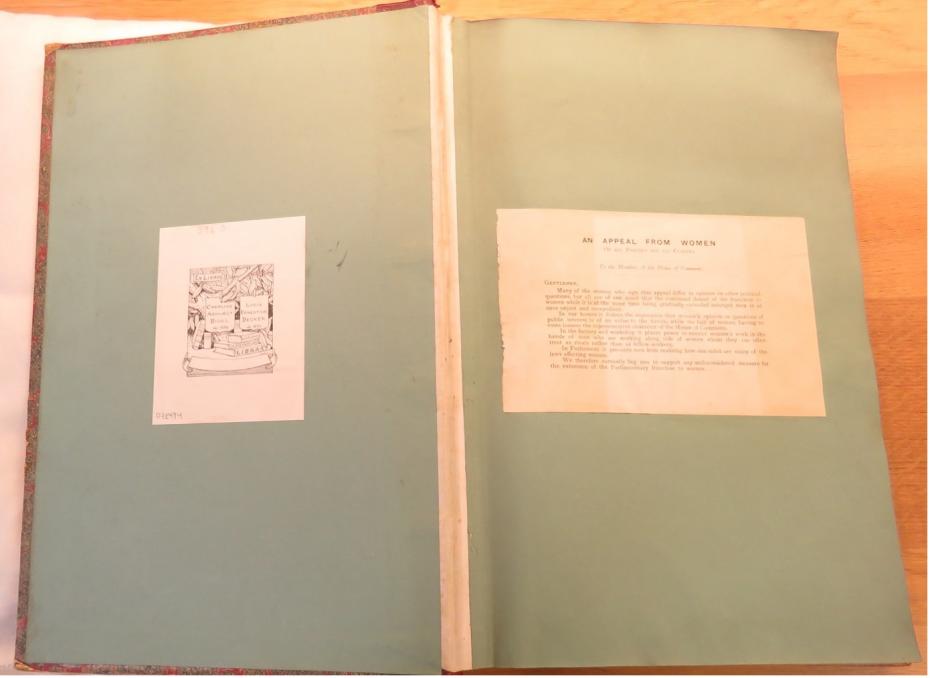 The opening pages of Blackburn’s scrapbook, including a bookplate dedicated to her two close friends Lydia Becker and Caroline Ashurst Biggs. Reference: Blackburn P396.3 (072474)