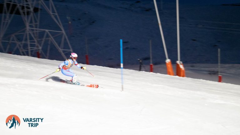 Egle Augustaityte (2018 Engineering) skiing the night slalom.