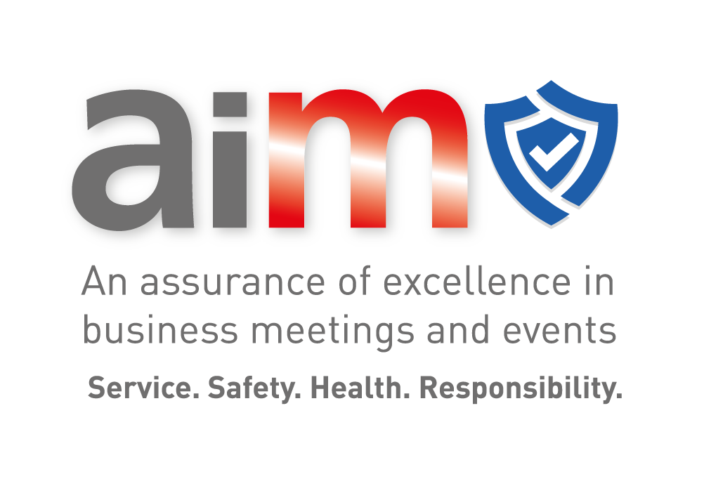 AIM logo with words: An assurance of excellence in business meetings and events. Service. Safety. Health. Responsibility