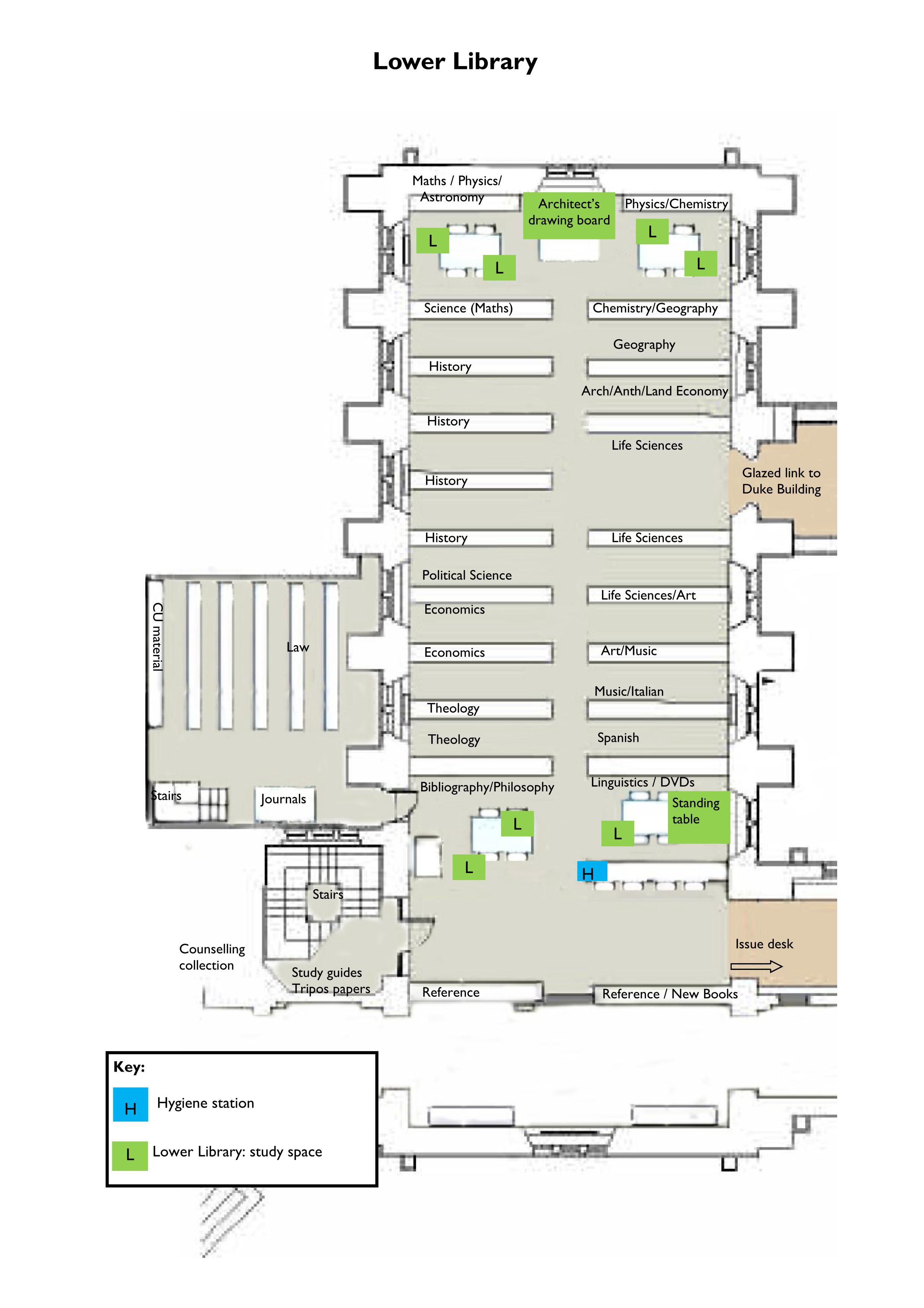 Floor plan of the Lower Library showing study spaces