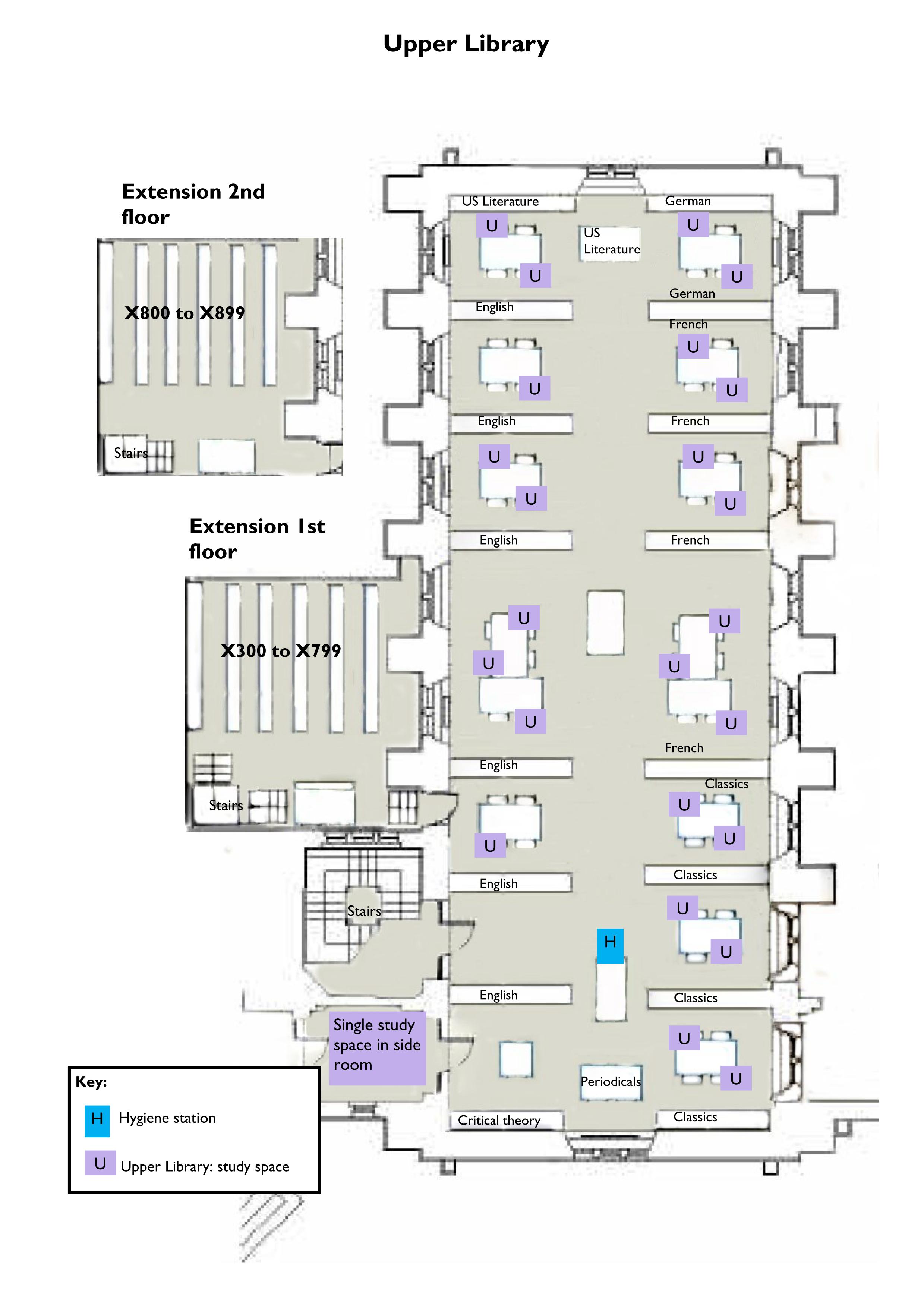 Floor plan of the Upper Library showing study spaces