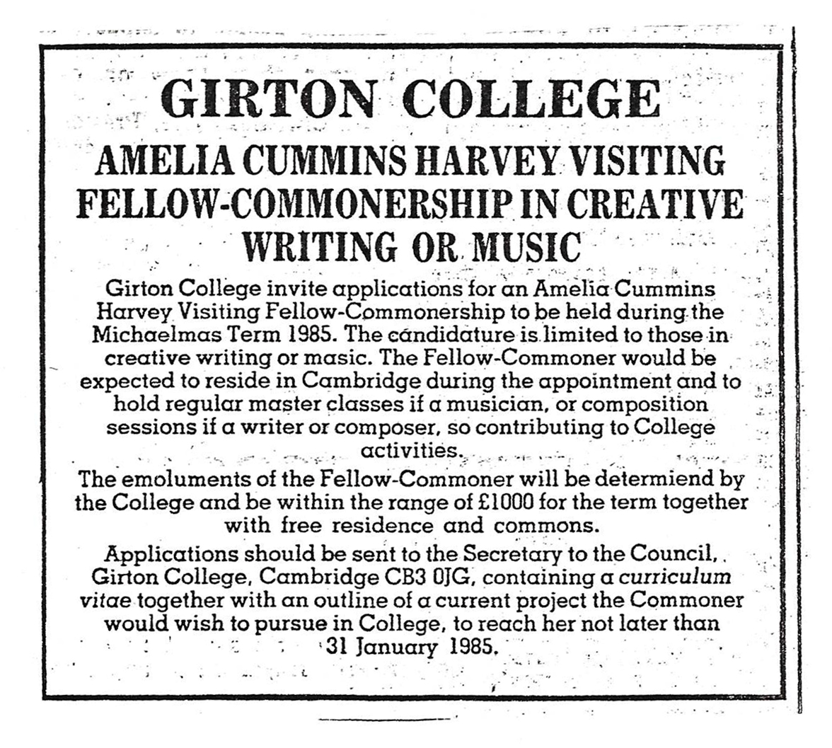 Advertisement for the Mary Amelia Cummins Harvey Visiting Fellow Commonership in the Creative Arts or Music, which appeared in the Guardian, January 1985 (archive reference: GCAR 2/6/84 pt)