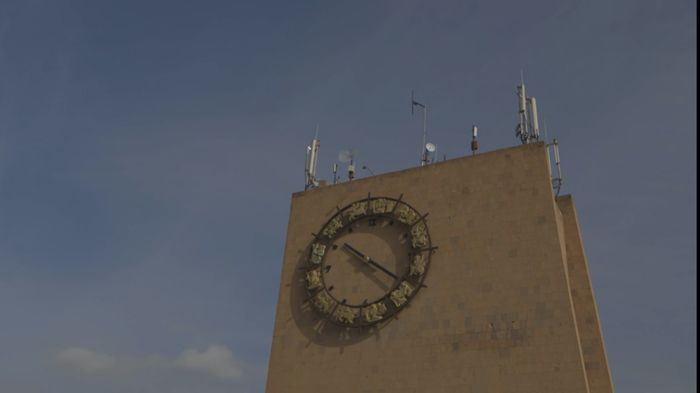 A detail of Gyumri Railway Station, Architect Rafik Eghoyan. (still from A State in A State by Tekla Aslanishvili 2022) 