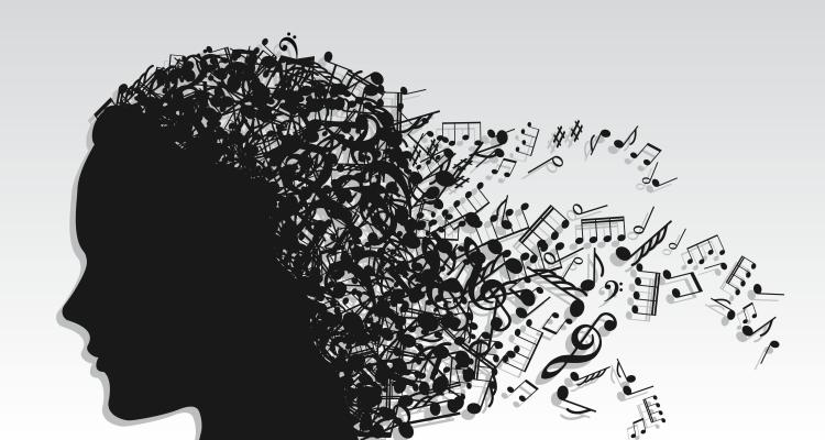 silhouette of a women's side profile (looking to her left), hair fades into musical notes moving motion to the right
