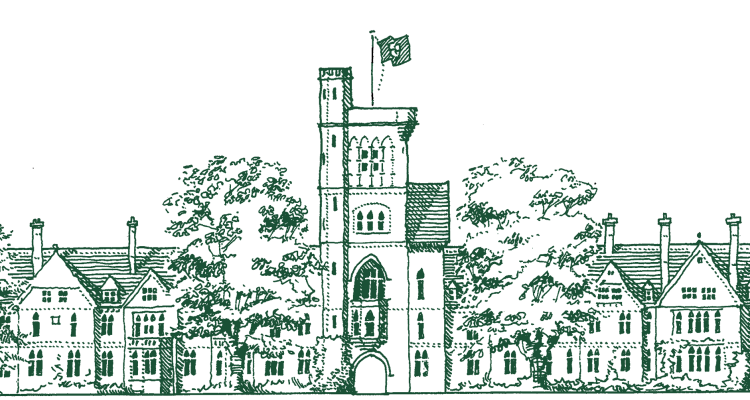 Line drawing in dark green of Girton College Tower and buildings by Life Fellow, Peter Sparks