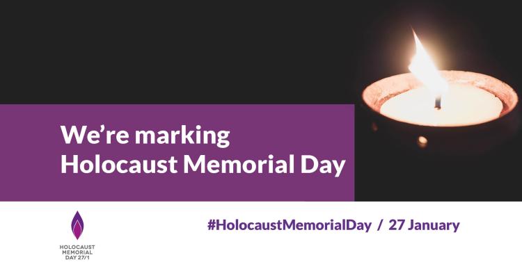 HMD graphic with the words we're marking Holocaust Memorial Day 