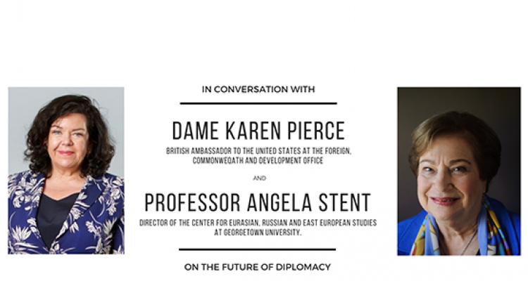 Image of Dame Karen Pierce and Angela Stent with information about the Keynote lecture