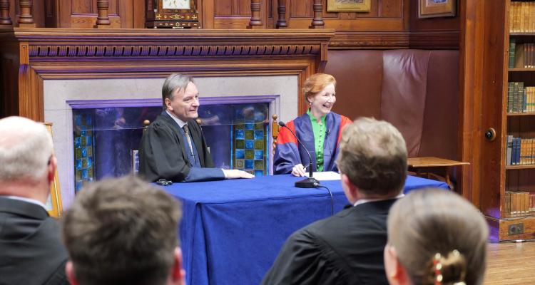 L-R Sir Stephen Hough with Dr Elisabeth Kendall in conversation, with audience in foreground