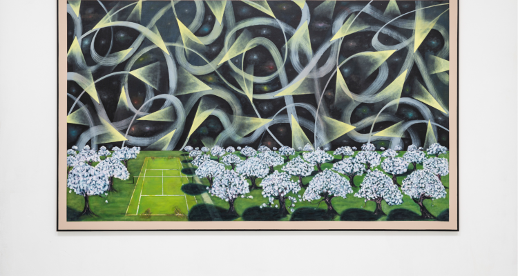 Luke Burton, Impossible Weather, 2020. Oil and acrylic on canvas, 150 x 250 cm. Painting depicts the orchard and tennis court with stylised starry night sky above.