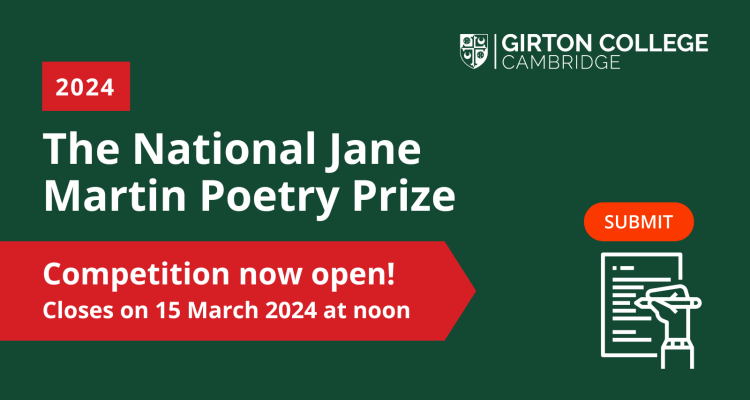 Poster image text says 'the National Jane Martin Poetry Prize, Competition now open! Closes on 15 March 2024 at noon' displayed with red and green graphics