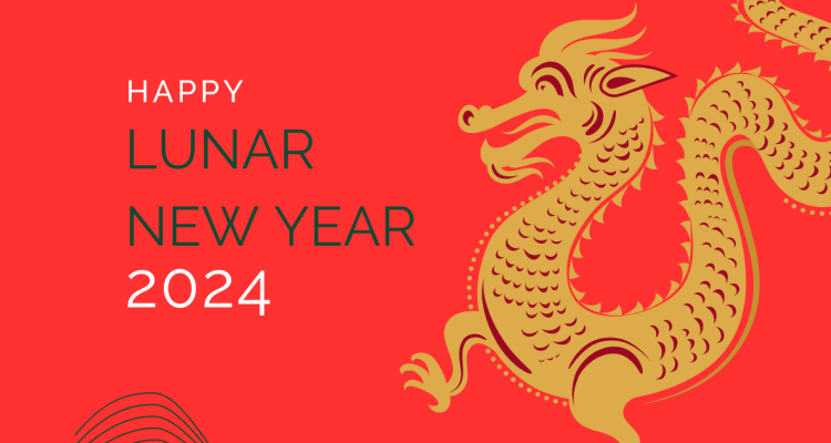 A chinese golden dragon with the text Happy Lunar New Year 2024