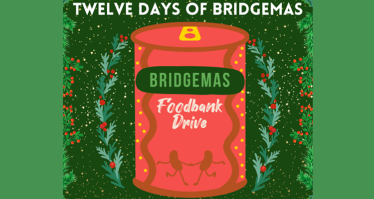 poster image of the foodbank drive, a red food can surrounded by christmas 
