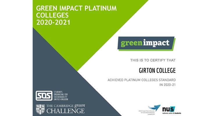 Certificate stating that Girton college achieved Platinum Colleges Standard in 2020-21