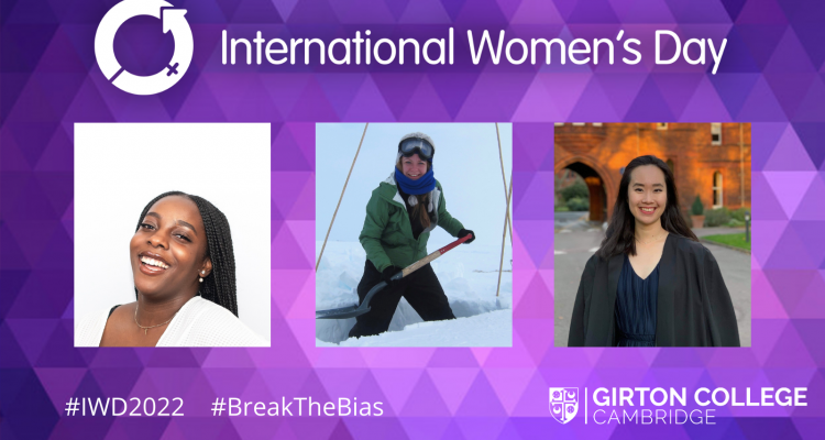 International Women's day logo with purple background, includes 3 profile images of Girton PhD students Dami, Morgan and Marika
