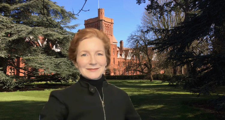 The Mistress, Dr Elisabeth Kendall in front of Girton College tower