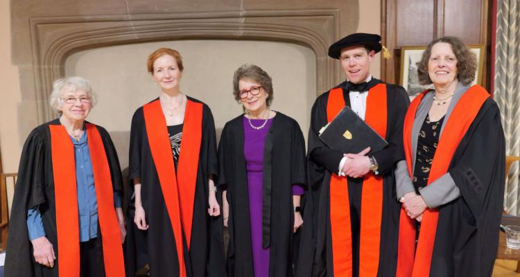 L-R: Life Fellow, Dr Dorothy Thompson; The Mistress, Dr Elisabeth Kendall; Honorary Fellow, Professor Dame Lesley Regan; Praelector and Fellow, Dr Seb Falk; Vice-Mistress, Dr Hilary Marlow