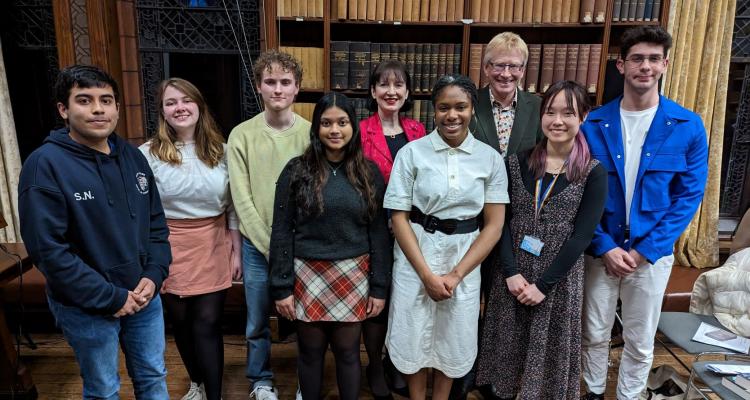 Students with Dr Suzy Lishman and Dr Phil Hammond [L-R: Sid Nayak, Emily Birt, Joe Bray, Rookmini Mukhopadhyay, Emmanuela Onah, Kate Sin, and Vlad Filip]