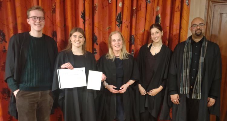 The second round competitors (from left to right): Andrew McLeod, Sophie White (winner), Christina Koning (Chair), Maddie Robertson, Damien Macedo 