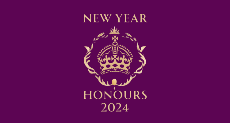 Gold crown graphic with purple background. The text says 'New Year Honours 2024'