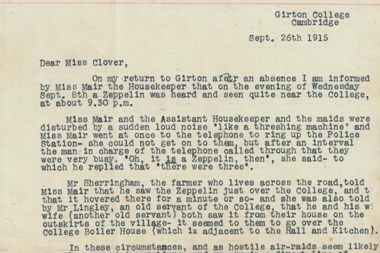 Letter from the Mistress concerning the sighting of a zeppelin, 26 September 1915 (archive reference: GCGB 2/1/21)