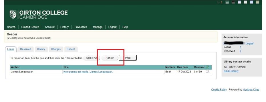 The loans tab on Heritage, where the items you have on loan are listed and can be renewed.