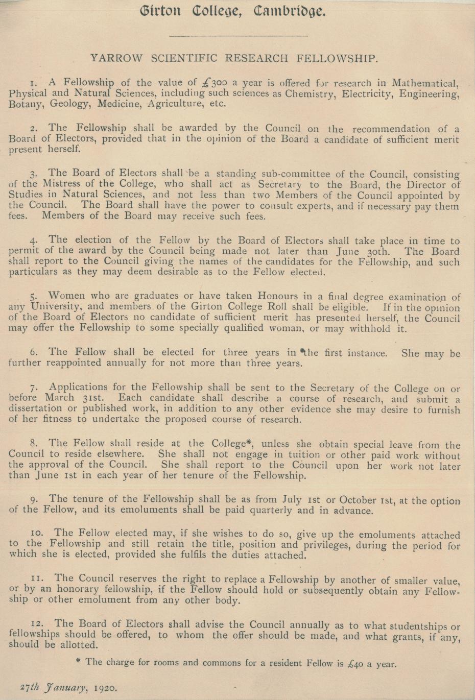 Yarrow Scientific Research Fellowship, insert from the College Council minutes, 27 Jan 1920 (archive reference: GCGB 2/1/22pt)