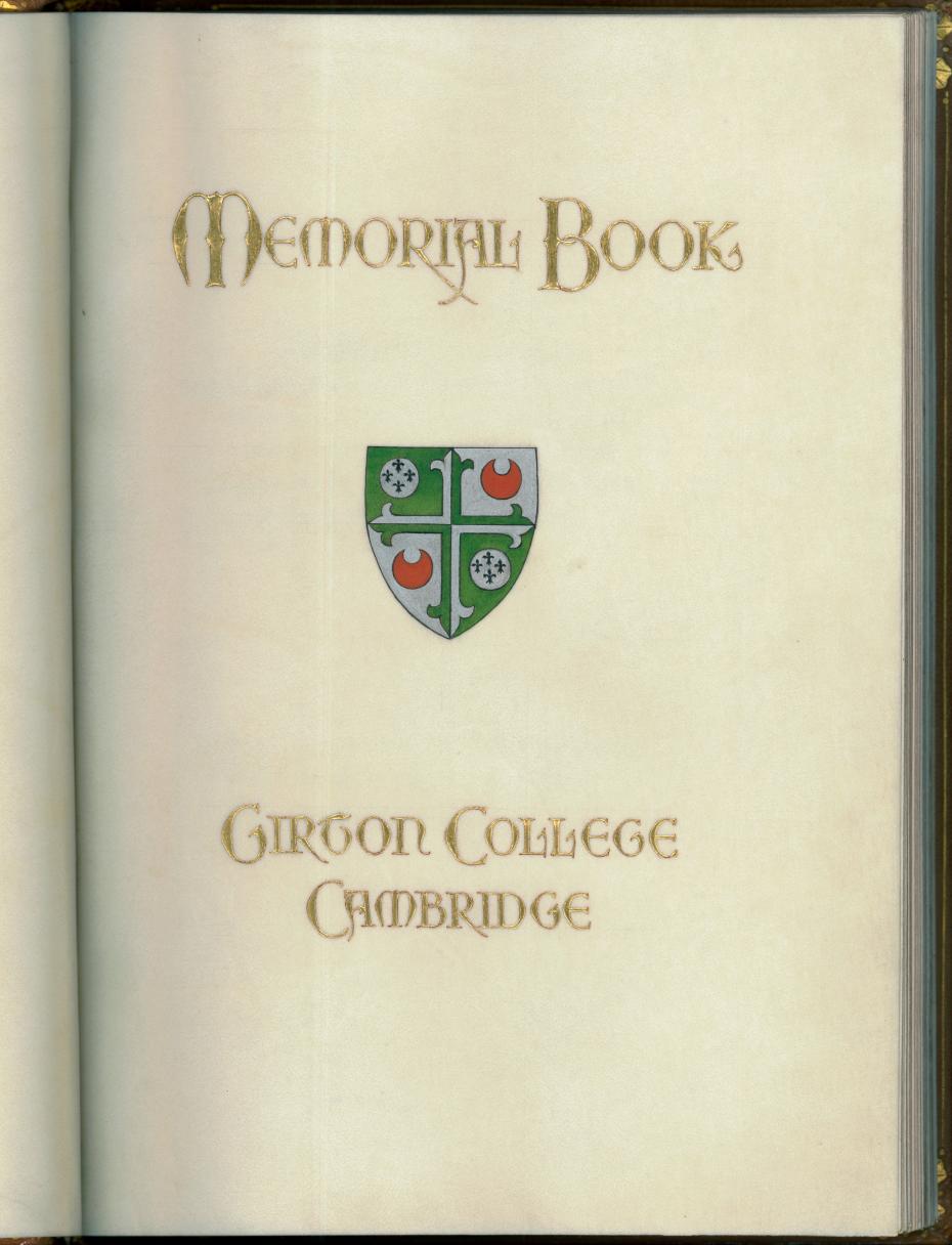 Title page of the Memorial Book, which is now housed in the College Archive, circa 1936 (archive reference: GCAR 6/2/2/6).