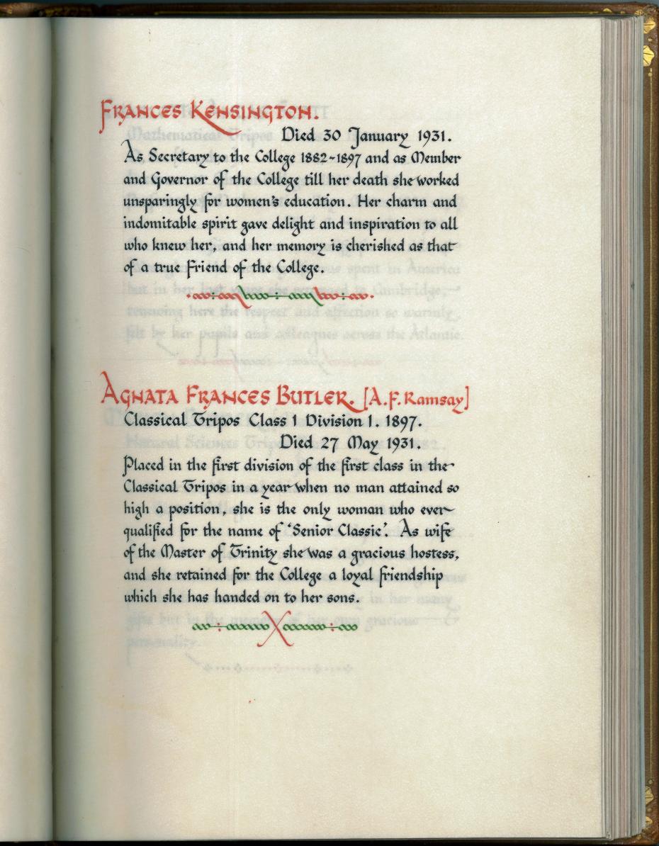 First page of the Memorial Book, commemorating Frances Kensington (1851–1931, Staff 1882) and Agnata Frances Butler (1867–1931, Girton 1884), circa 1936 (archive reference: GCAR 6/2/2/6).