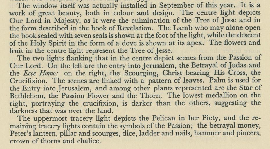 Article from the Girton Review, Michaelmas Term 1955, describing the window (archive reference: GCCP 2/1/4). The article goes on to describe Mr Evett’s method of preparing a stained glass window. 