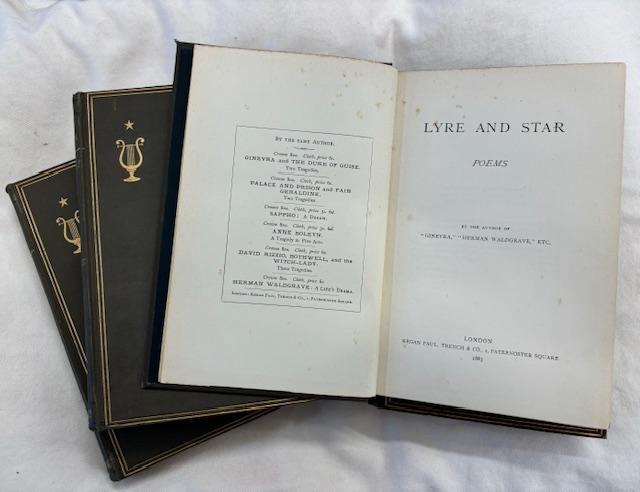 Three of Jane Catherine Gamble’s published works, including 2 plays and a volume of poetry, Lyre and Star: poems, 1883 (Girton College Library reference: Gamble Collection, 082039). The texts were published anonymously, and it would appear Jane selected the lyre and star as a cover motif. 