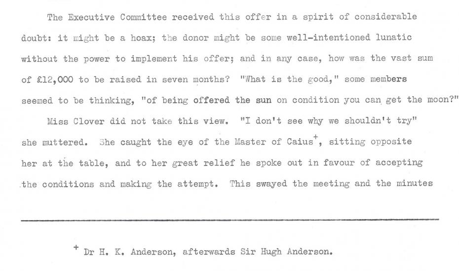 Mary Clover’s account of the College Council meeting where the offer of £12,000 was received with ‘considerable doubt’, recorded by Kathleen Peace, 1957 (archive reference: GCAR 2/6/12pt)