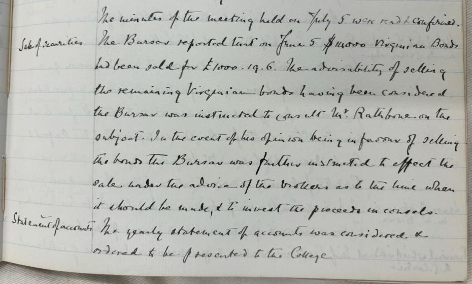 Excerpt from Girton College Executive Committee minutes, 19 July 1889 (archive reference: GCGB 1/2/11pt). The discussion concerned whether Girton should sell its remaining Virginia State bonds.