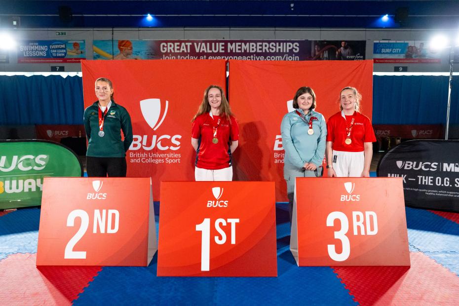 Group photograph of four students placed 1st to 3rd in the Kumite Karate at BUCS 2026, including Amelie Charlton (3rd place)