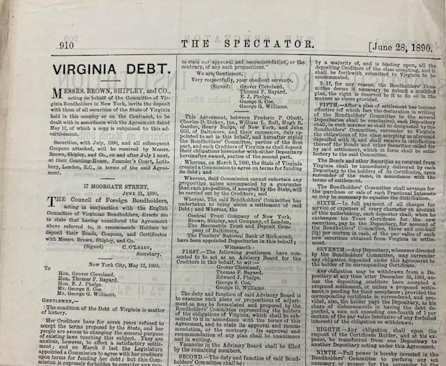 Extract from, ‘Virginia Debt’, an article in The Spectator, 28 June 1890. This was clipped by Girton Bursar, Mary Pickton, and added to the Executive Committee minutes for 4 July 1890, which saw discussion of the $15,400 of Virginian bonds still held by the College. 